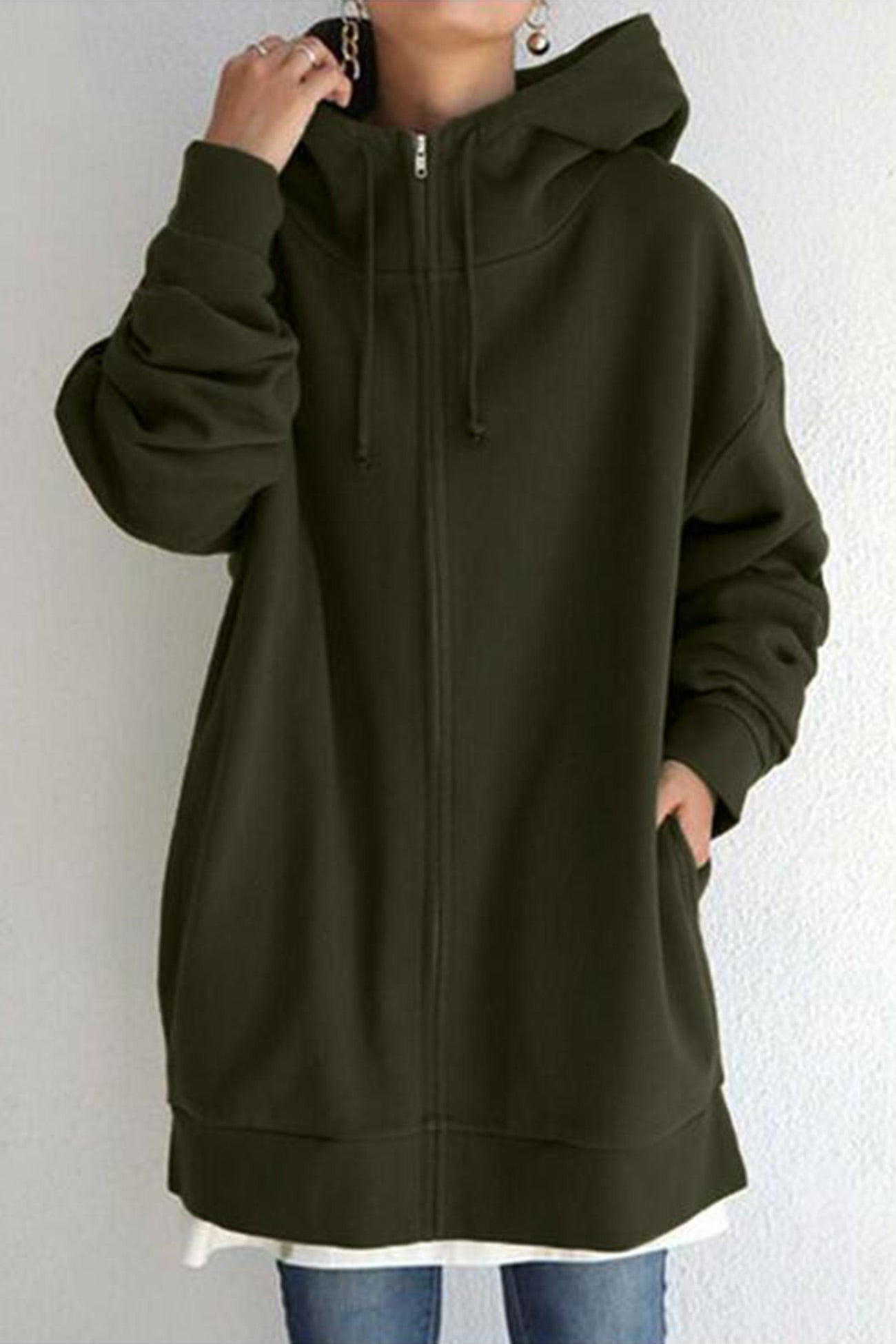 Color Hoodie Zipper Solid - Mid-length