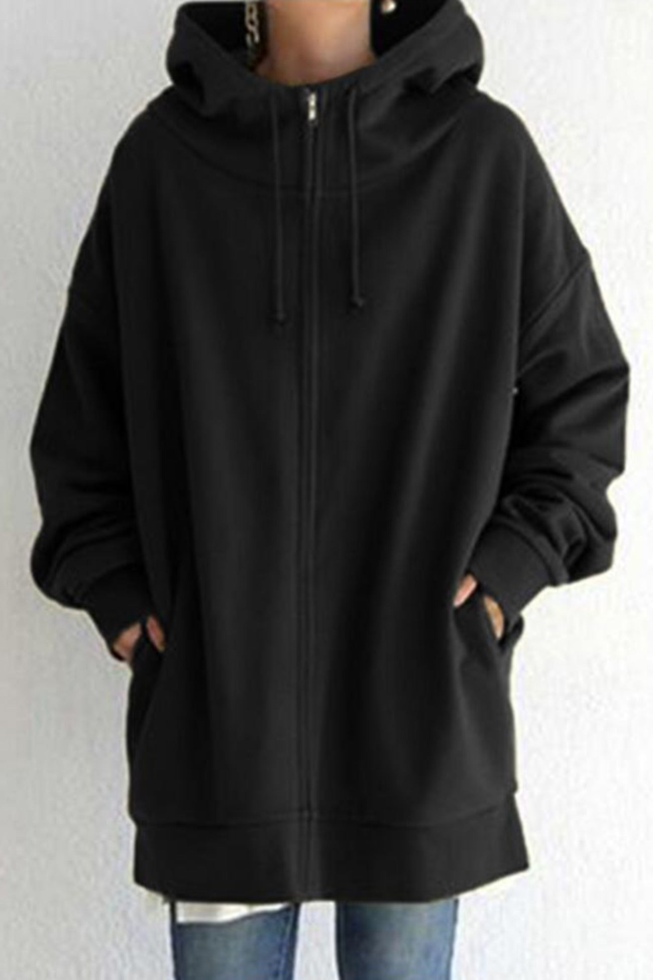 Color Hoodie Zipper Solid - Mid-length