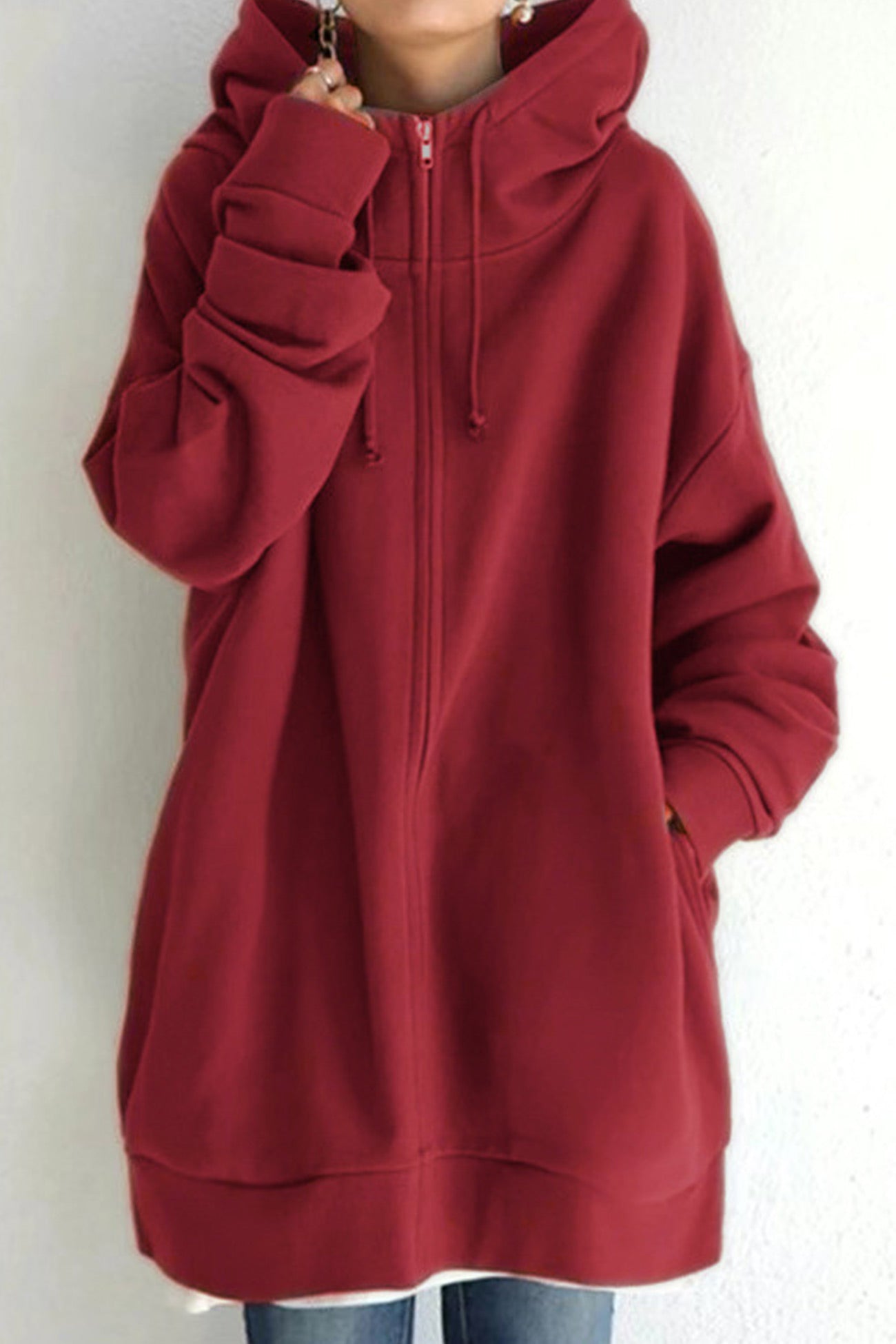 Color Hoodie Zipper Solid - Mid-length