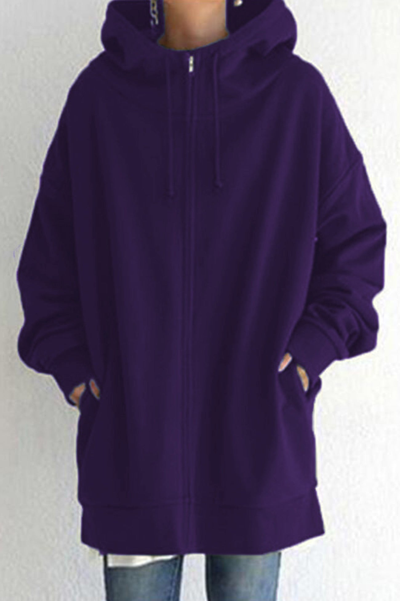 Color Hoodie Zipper Solid - Mid-length