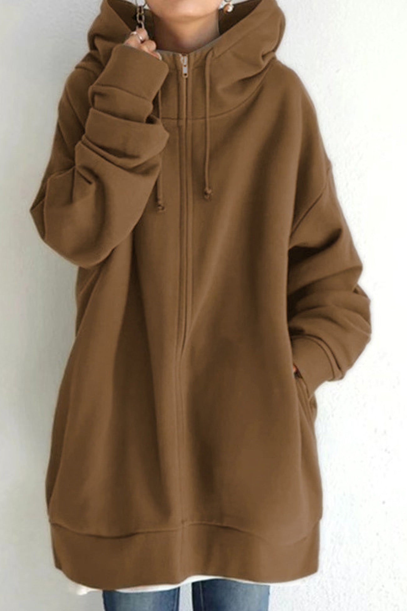 Color Hoodie Zipper Solid - Mid-length