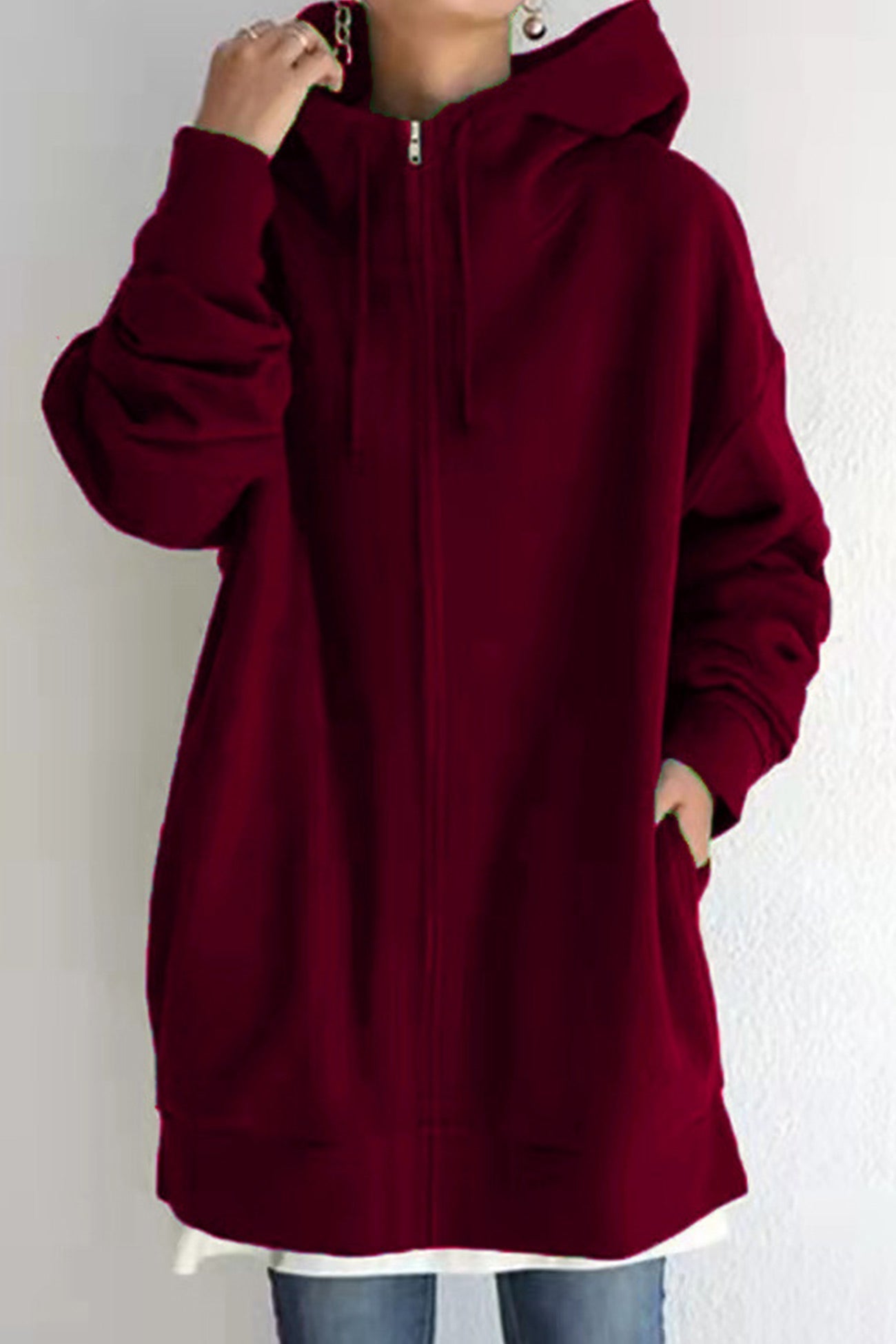 Color Hoodie Zipper Solid - Mid-length