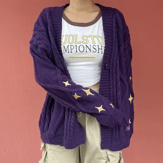 Golden Star Embroidery Button Cardigan