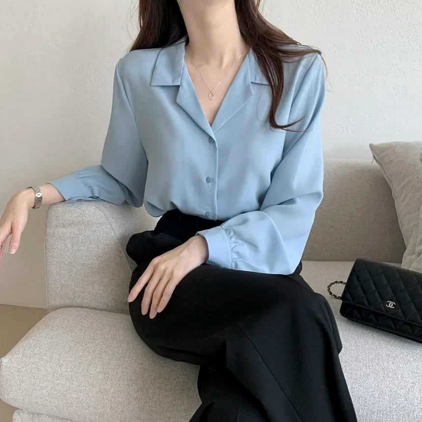 Chic Lantern Sleeve Suit Collar Loose Office Shirt Sky Blue / One Size blouse-250126