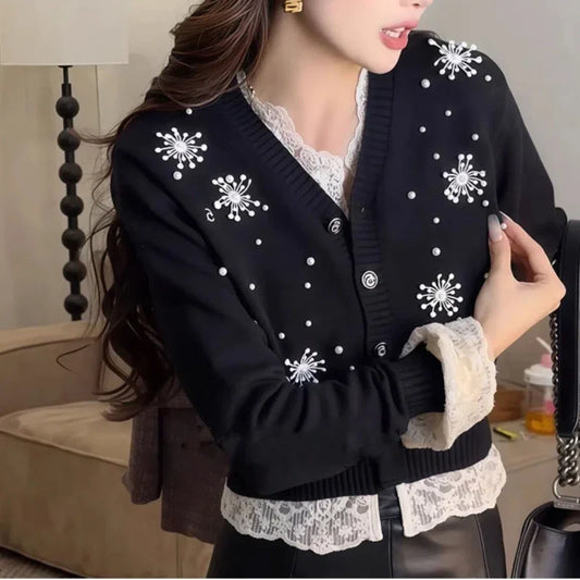 V-neck Embroidered Patchwork Cardigan