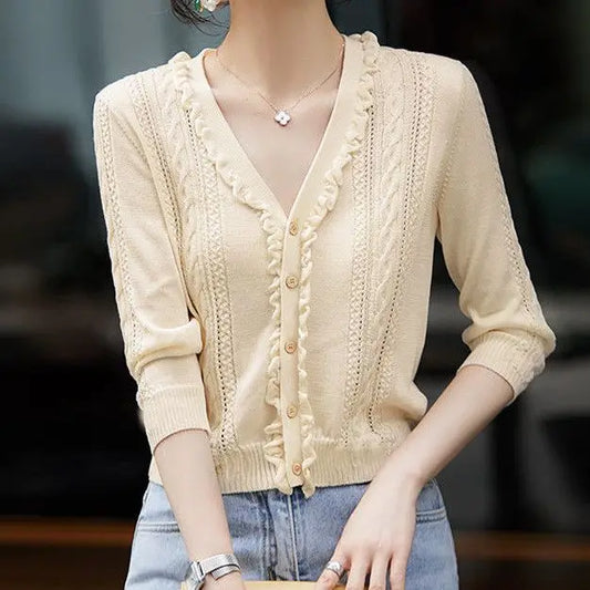 Hollow Out V-Neck Button Knit Cardigan