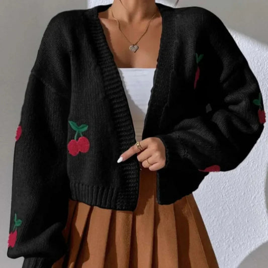 Cherry Embroidery Loose Long Sleeve Casual Knit Cardigan