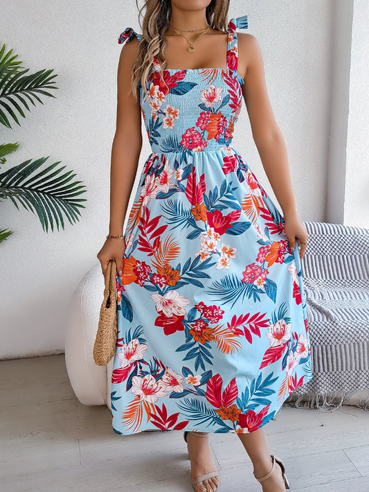 Floral Print Lace-up Sleeveless Vacation Floral Dress