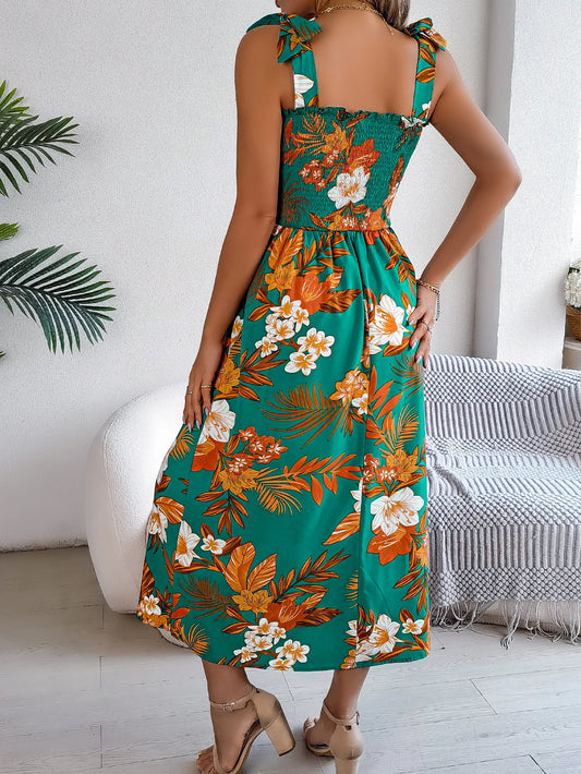 Floral Print Lace-up Sleeveless Vacation Floral Dress