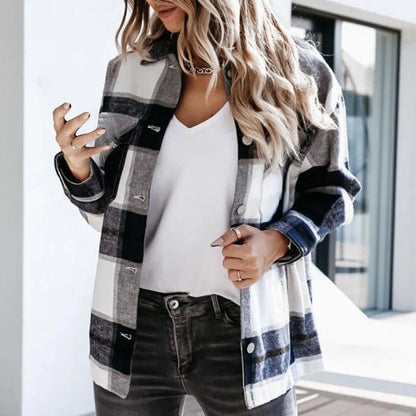 Plaid Printed Worsted Wool Turndown Collar Pocket Single Breasted Warm Chic Stylish Elegant Fashionable Versatile Jacket