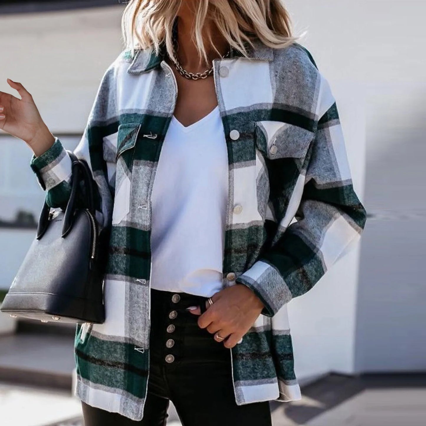 Plaid Printed Worsted Wool Turndown Collar Pocket Single Breasted Warm Chic Stylish Elegant Fashionable Versatile Jacket