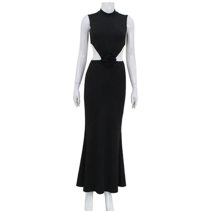 Elegant Hollow Back Sexy Solid Color Turtle Neck Sleeveless Dress Christmas Party Dress