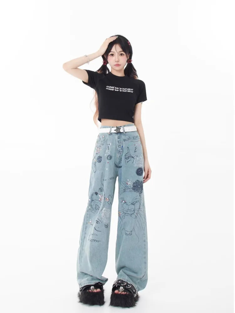 Spring and Autumn New Small Market Design Sense Personalized Print Graffiti Straight Women's Jean