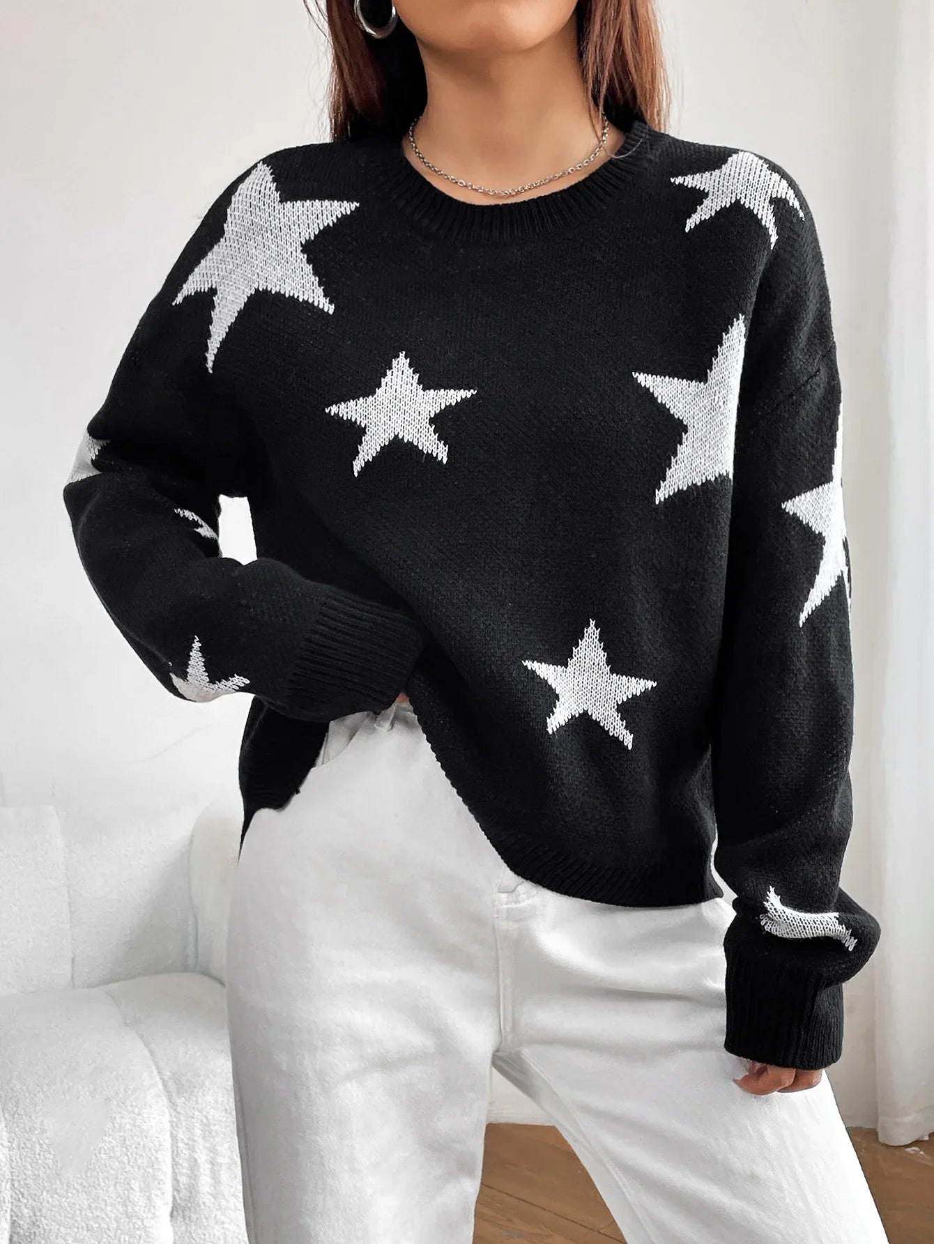 Spring Stylish Colorful Contrast Starry Cozy Comfortable Loose Long-Sleeved Warm Sweater Sweaters-L