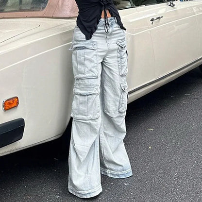 Straight Casual Multi-pocket Paneled Cargo Fashion Washed Wide Leg High-waisted High Street Y2K Jean