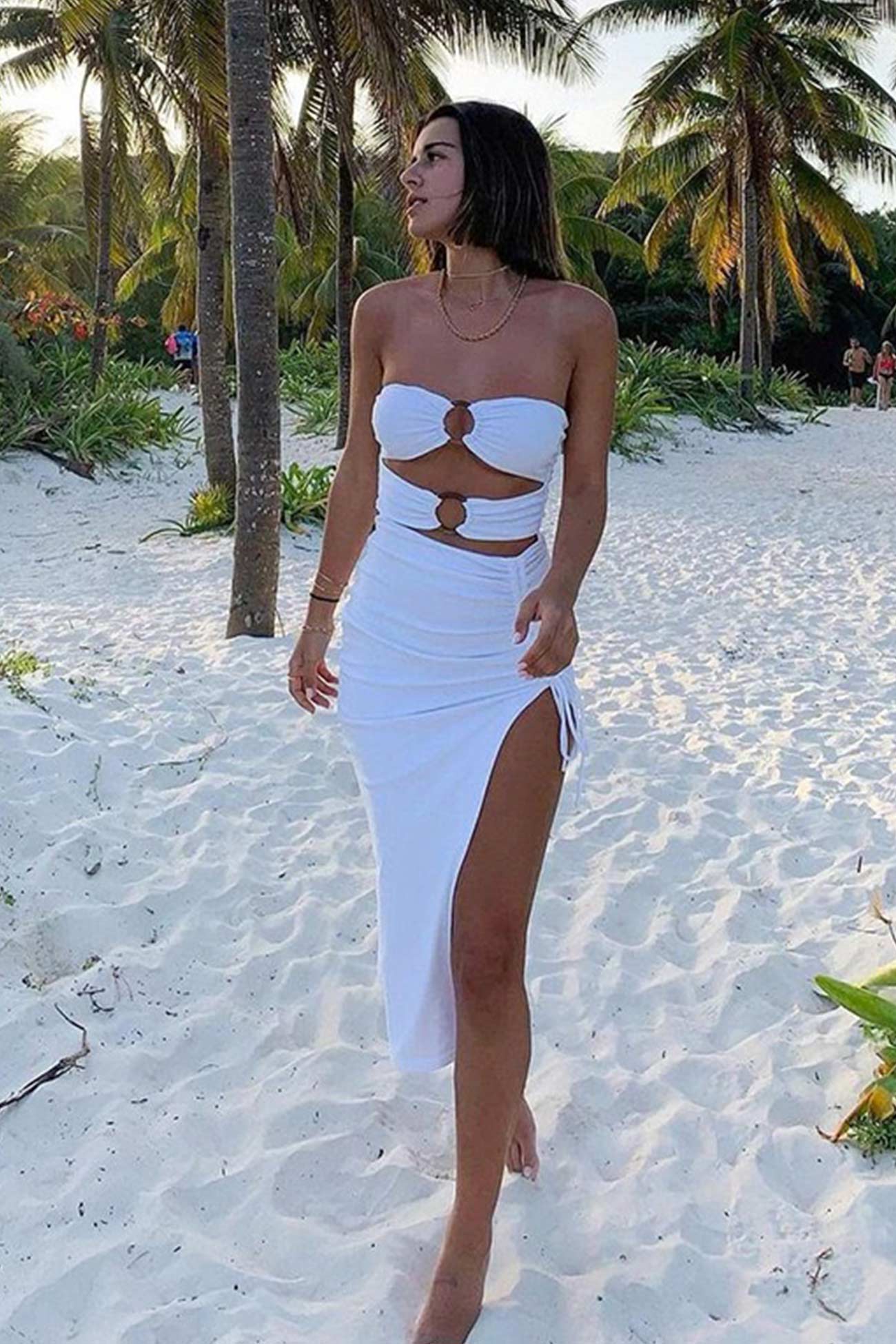 Cutout Drawstring Side Slit Dress with Strapless Design