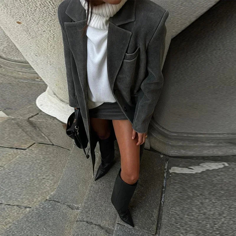 Solid Leather Lapel Single-Breasted Overcoat Gray / S