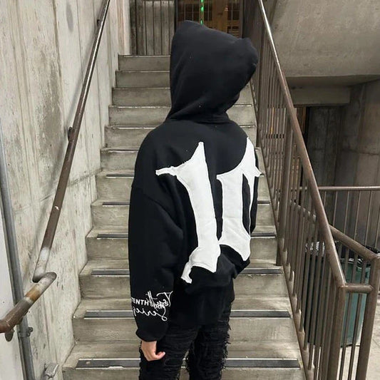 Retro Patch Black Cotton Hoodie