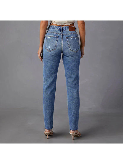 Stretch Blue High Waist Ripped Casual Fashion Streetwear Denim Jean