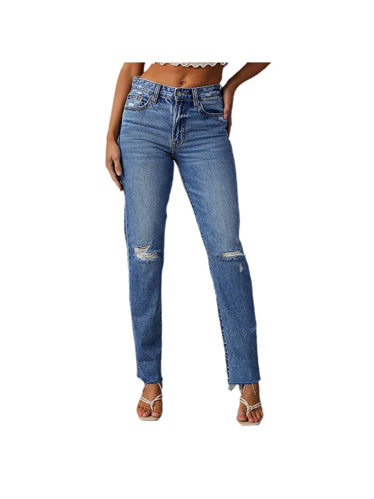 Stretch Blue High Waist Ripped Casual Fashion Streetwear Denim Jean