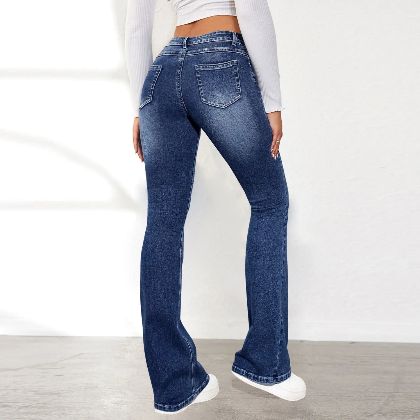 Stretch Slim Retro High Waist Stitching Washed Bell-Bottom Fashionable Stylish Elegant Jean