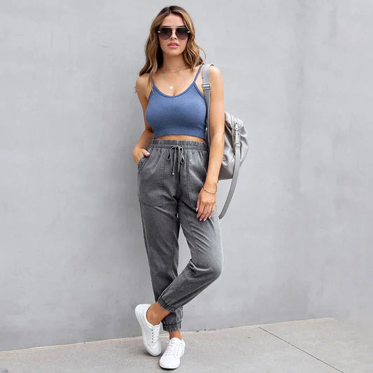 Stretch Women High Waist Wide Leg Casual Fashion Pocket Drawstring Clothing Mom Jean