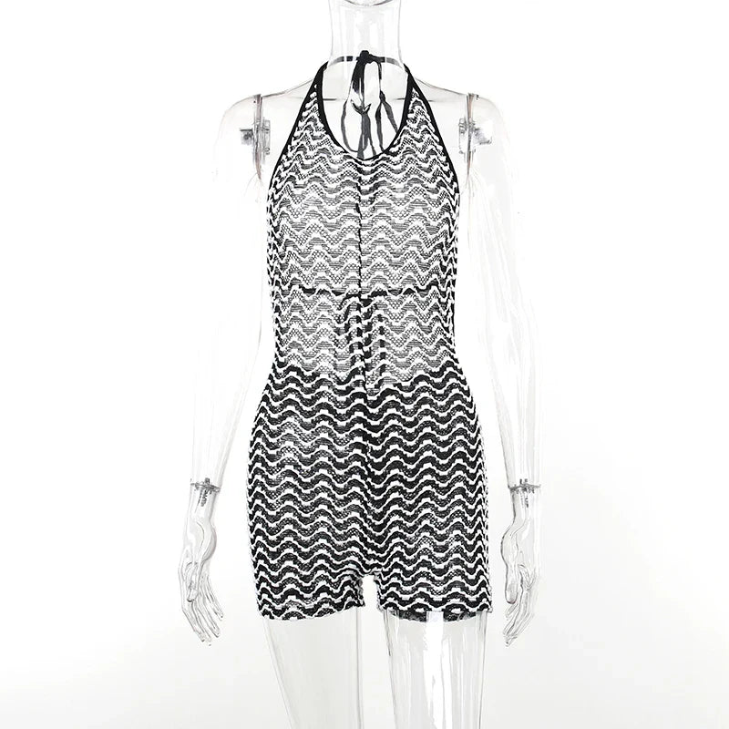 Striped Print Halter Lace Up Backless One Piece Summer 2024 Fashion Overalls Streetwear Bodycon Dress