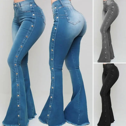 Stylish Flare Control Tummy Skin-Touch Skinny Women Wide Leg Flare Denim Trousers Jeans