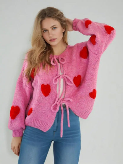 Embroidery Heart Lace-up Cardigan