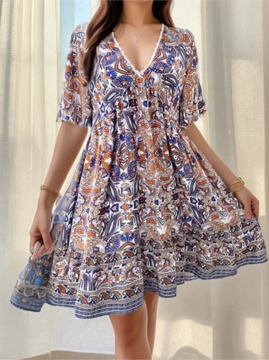 Boho Floral Mini V-neck Short Sleeve Beach Floral Dress