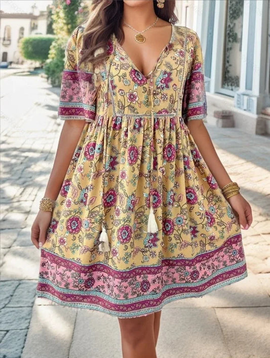 Casual Holiday Floral Print V-neck Short Sleeve Sundress