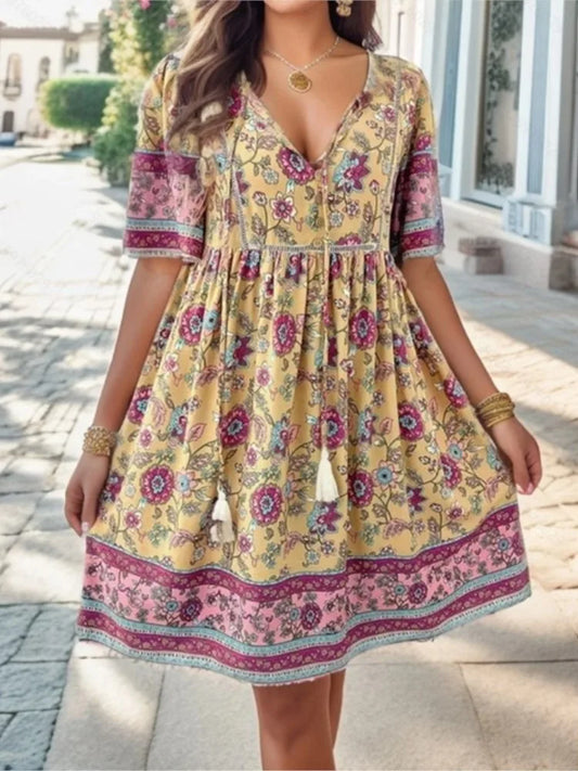 Casual Holiday Floral Print V-neck Short Sleeve Sundress