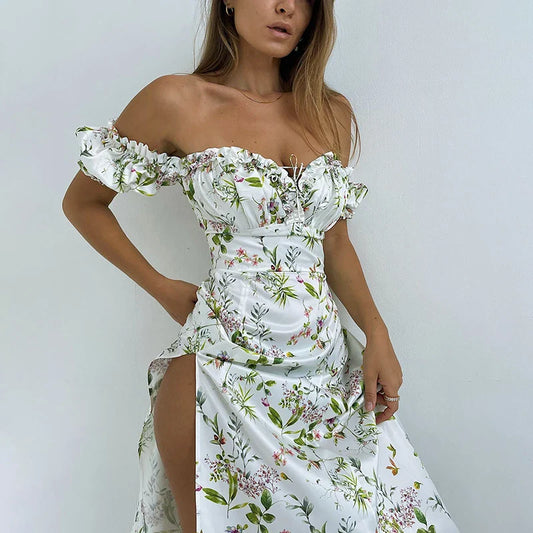 Summer Off Shoulder Puff Sleeve Lace Up Side Split Chic Aesthetic Floral Dress