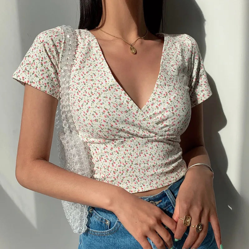 French Retro Floral V-neck Slim T-shirt Crop Top