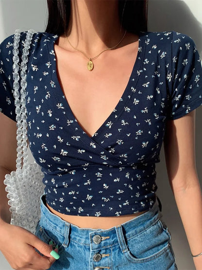 French Retro Floral V-neck Slim T-shirt Crop Top