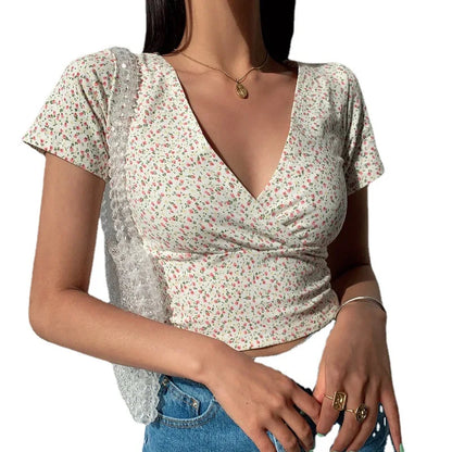 French Retro Floral V-neck Slim T-shirt Crop Top