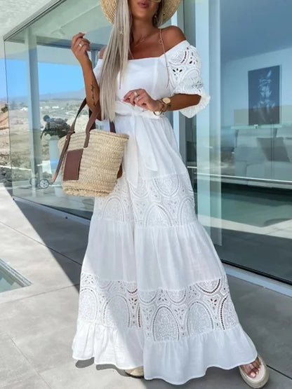 Lace Patchwork Loose Casual Beach Square Neck Boho Dress