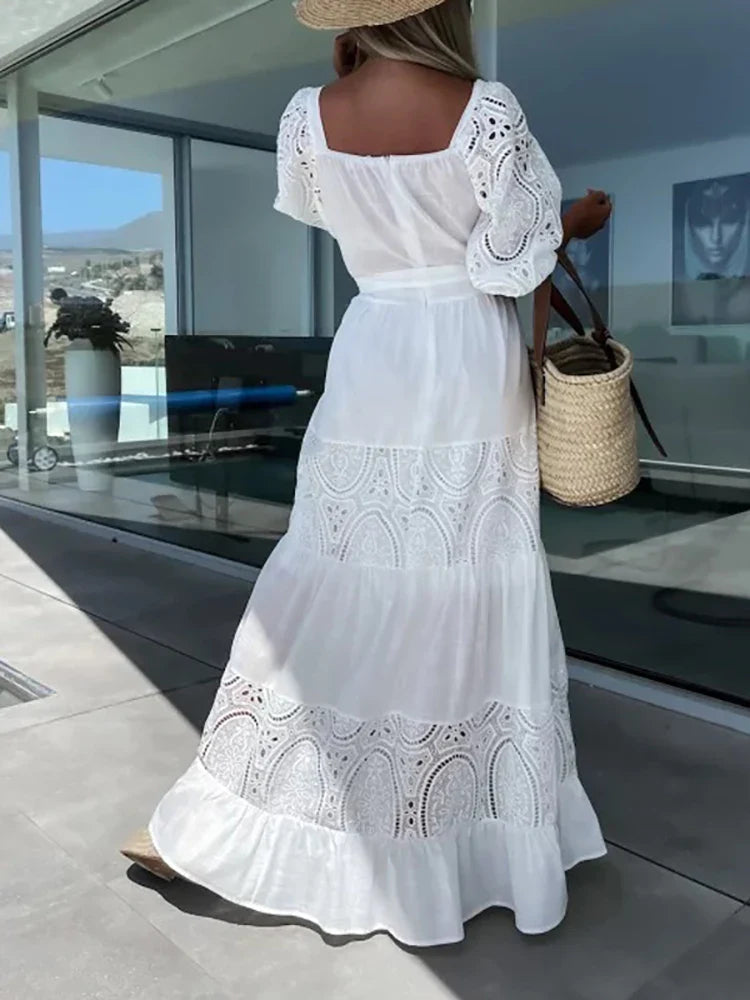 Lace Patchwork Loose Casual Beach Square Neck Boho Dress