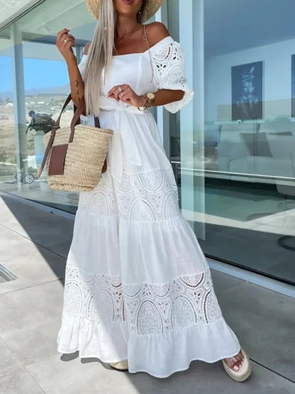 Lace Patchwork Loose Casual Beach Square Neck Boho Dress