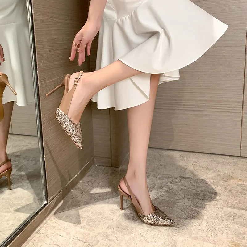 Rhinestone Pointed Summer Slippers High Heels with One-line Buckle