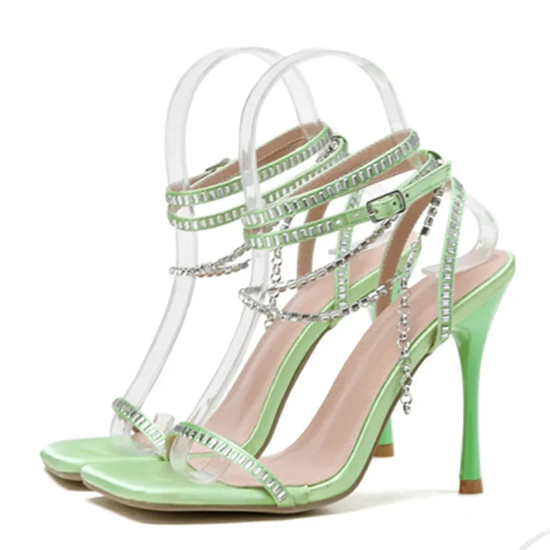 Crystal Chain Ankle Strap Stiletto Sandals - Square Toe High Heel Party Shoes