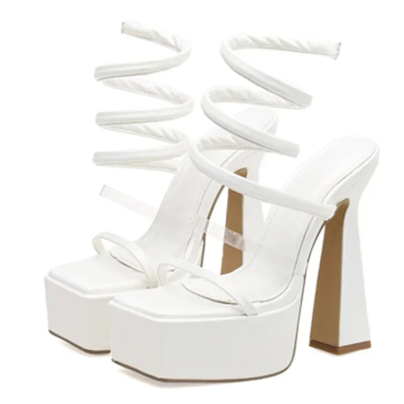 Women's Platform Sandals with Ankle Narrow Band - Open Toe, Winding Design - 15cm Thick High Heels for Party and Club