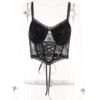 Summer Dark Gothic Lace Suede Sexy Babes Cross Stylish Elegant Trendy Crop Top