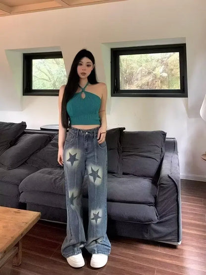 Summer High Waisted Loose Design Niche Irregular Light Colored Wide Leg Straight Women's Jean