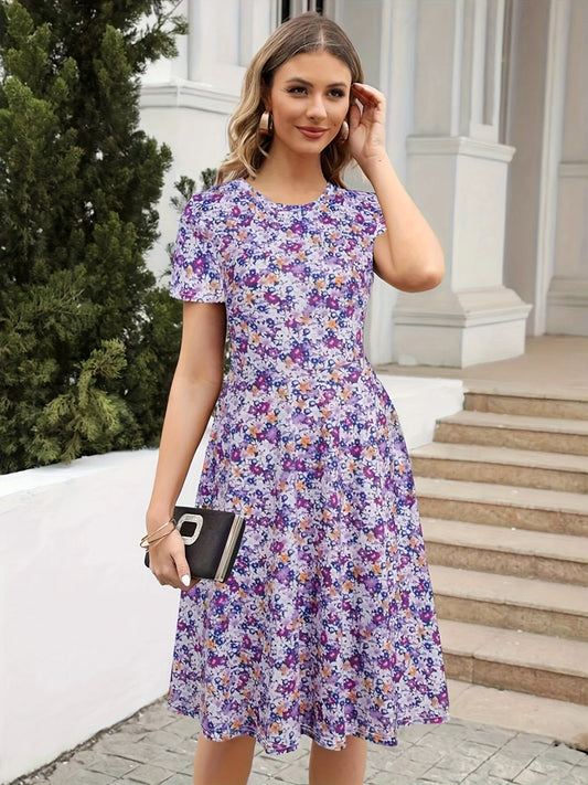 Slim Waist Floral Print Summer Round Neck Dress