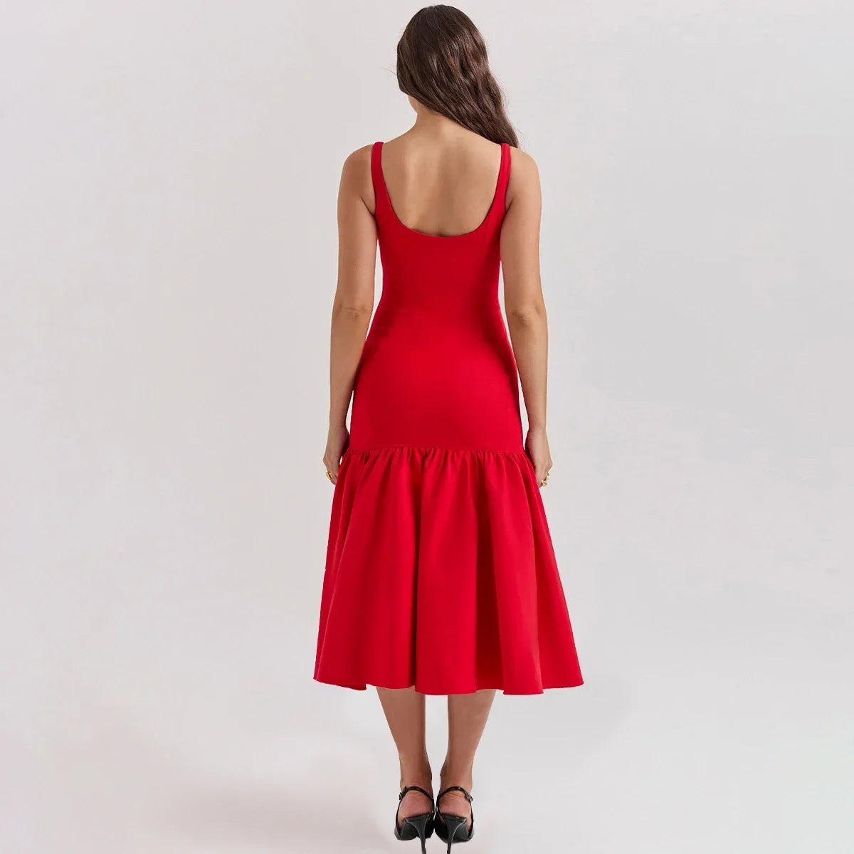 Elegant Red Spaghetti Strap Midi Holiday Dress Casual Birthday Party Dresses Christmas Party Dress