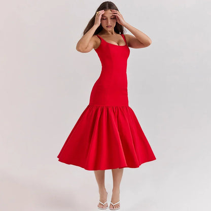 Elegant Red Spaghetti Strap Midi Holiday Dress Casual Birthday Party Dresses Christmas Party Dress