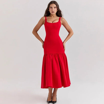 Elegant Red Spaghetti Strap Midi Holiday Dress Casual Birthday Party Dresses Christmas Party Dress