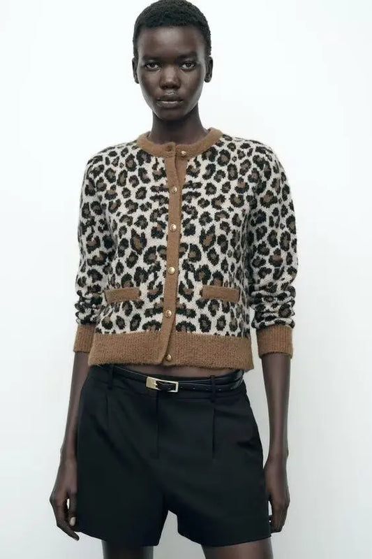 Animal Pattern Leopard Round Neck Cardigan