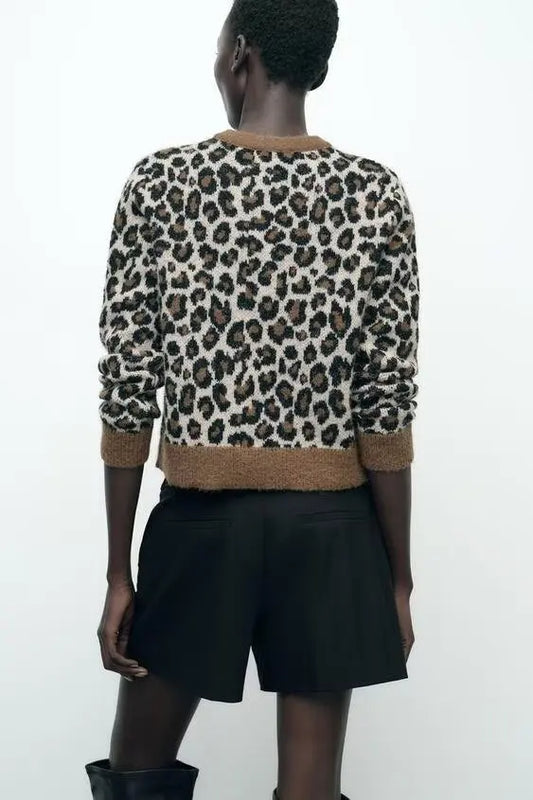 Animal Pattern Leopard Round Neck Cardigan